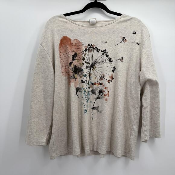 Jess & Jane Shirt Womens 1X Beige Whimsical Floral Graphic Long Sleeve Made USA - Picture 1 of 8